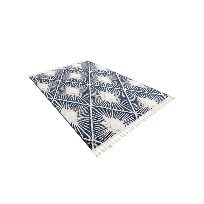 Geometric Machine Woven Runner 2'7 x 12' Polyester Area Rug in Blue, Rectangle 5'3" x 8'