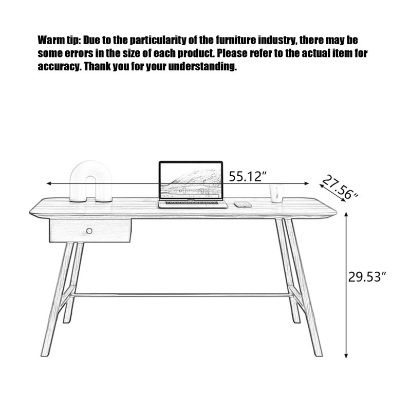 Minimalist Solid Wood Writing Desk, 29.53" H x 55.12" W x 27.56" D