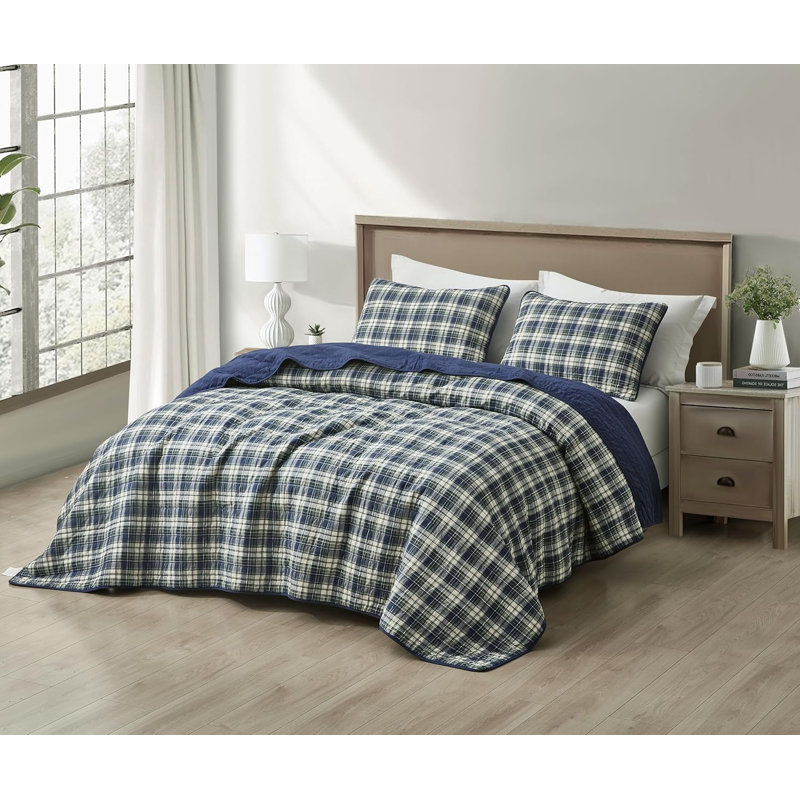 Chad Plaid Printed Reversible Washed Cotton Quilt Set, King Quilt + 2 King Pillow Shams