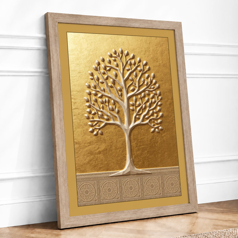 Golden Tree with Border Botanical - Framed Print, A2 - 59.4 x 42.0 cm, Oak