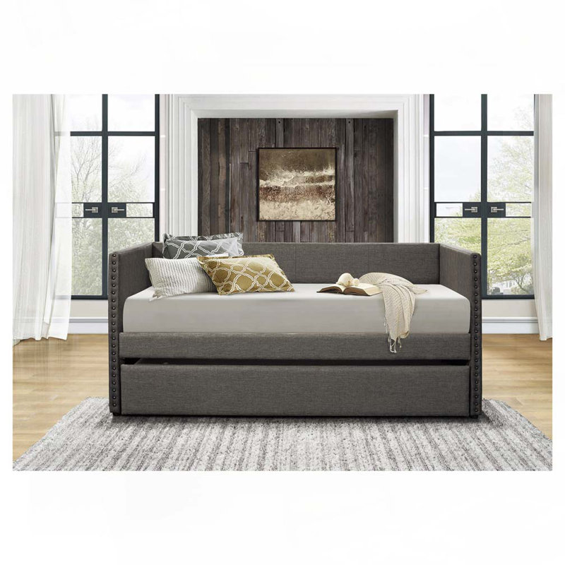 Upholstery Daybed with Pull-out Trundle Nailhead Trim Wood Frame, Gray
