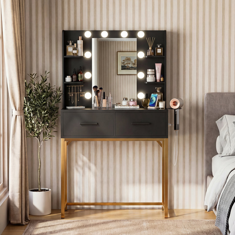 Vanity Desk with Mirror, Power Outlet & LED Lights, Makeup Vanity Table with 2 Drawers & 4 Shelves, Dressing Table for Bedroom Dressing Room