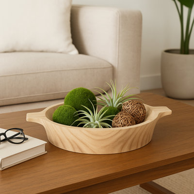 Oval Wooden Decorative Bowl with Handles for Home Decor - Modern Accent Bowl for Dining Room Table or Kitchen Counter - 16", Brown