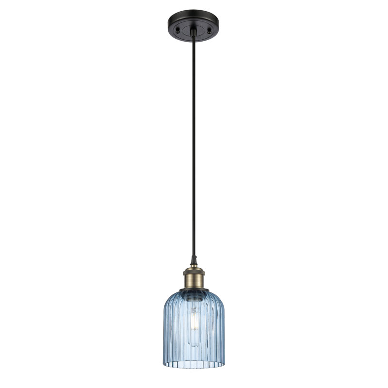 Luminaire suspendu 1 lumière Aalina, Laiton antique noir, Bleu princesse