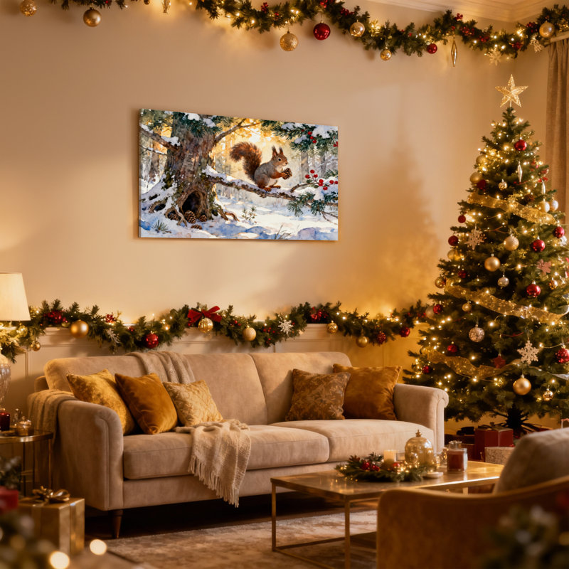 Christmas Winter Squirrel Pinecone Snowy Tree Forest Red Berries Set of 3 Canvas Wall Art Prints, 20" H x 30" W