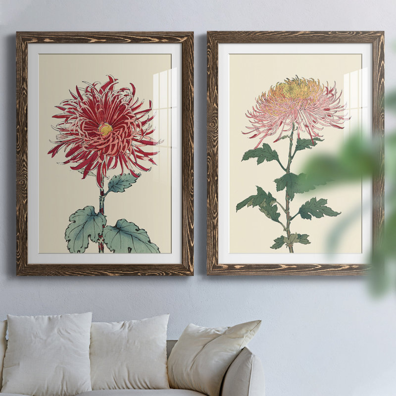 «Chrysanthemum Woodblock I», ensemble de 2 reproductions d'art sur papier encadrées, H 43,5 po x l 31,5 po x P 1 po