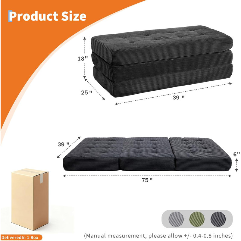 Matelas à 6 plis de 6 pouces, canapé-lit à plancher pliable avec mousse de soutien à haute densité et conception capitonnée