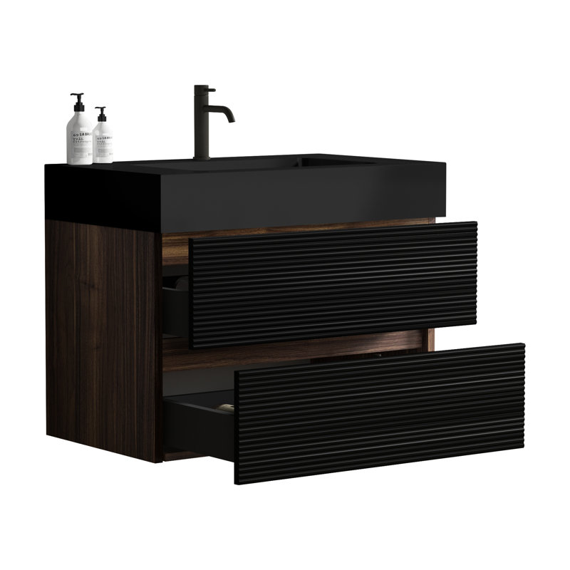Meuble-lavabo de salle de bain de 76 cm (30 po) avec design suspendu, lavabo noir mat, tiroirs à fermeture amortie, esthétique du milieu du siècle, panneaux de qualité E1, laque E0, fermeture garantie 50 000 fois, style moderne, lavabo monobloc.