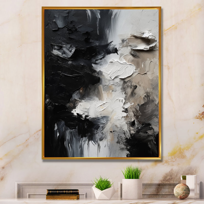 «Black Textured Splash Paint Art II», art mural abstrait, H 40 po x l 30 po, Cadre flottant, Doré