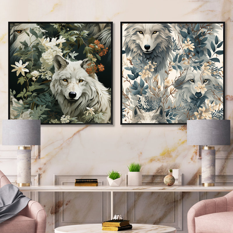 Majestic Wolf Majesty - ensemble de 2 animaux carrés, Cadre flottant noir, H 16 po x l 33 po