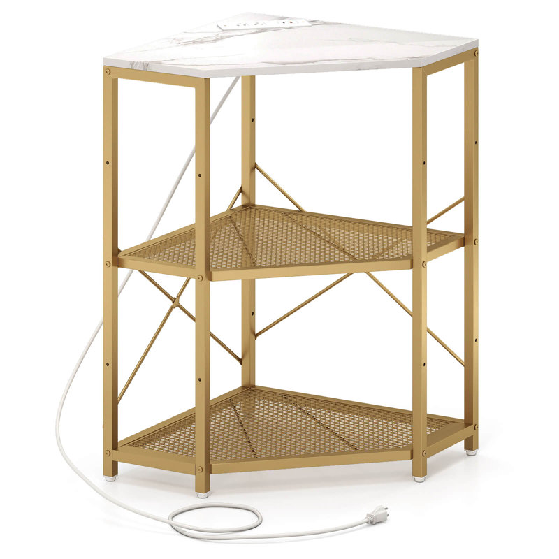 Corner Printer Stand with Charging Station Adjustable Metal Mesh Shelf White, White/Gold