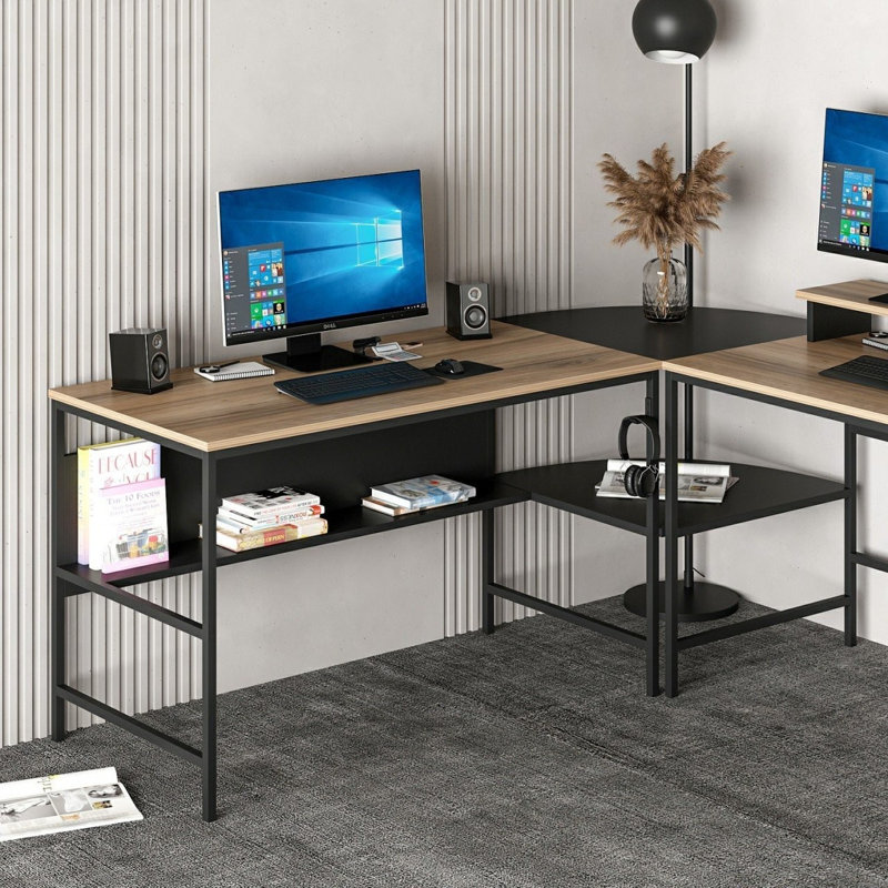 Bureau d'étude moderne et industriel, dore et noir, 70,9 po x 29,1 po x 23,6 po | 100% panneau de particules enduit de mélamine, épaisseur: 0,7 pouce | Solution de travail élégante et fonctionnelle pour le bureau à domicile, design élégant avec beaucoup de rangement