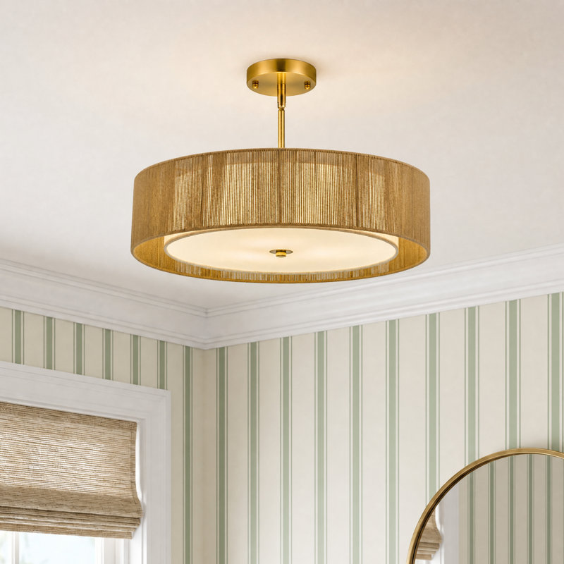 Lustre suspendu tambour en corde naturelle à 3 lumières Kamila, Brun