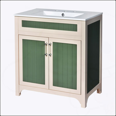 Armoire de meuble-lavabo 30 po avec lavabo en céramique, structure en bois massif, solution de rangement moderne avec tablette réglable en hauteur