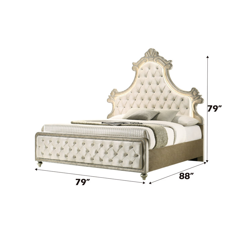Lit à DEL beige en velours - Tête de lit avec 5 lattes Capacité de poids de 660 lb Capacité de 8 à 10 po de la caractéristique du matelas Limite à lattes