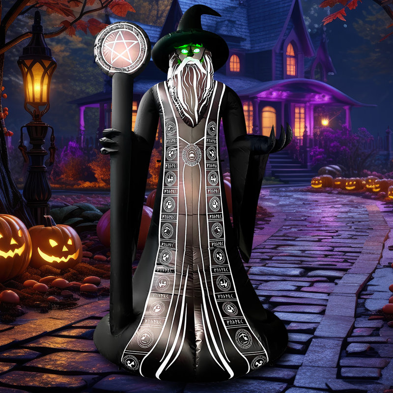 Magicien gonflable d'Halloween de 8 pi avec bâton magique et lumières DEL