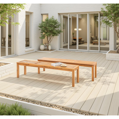 Solid Wood Slatted Outdoor Backless Bench (Set Of 2)