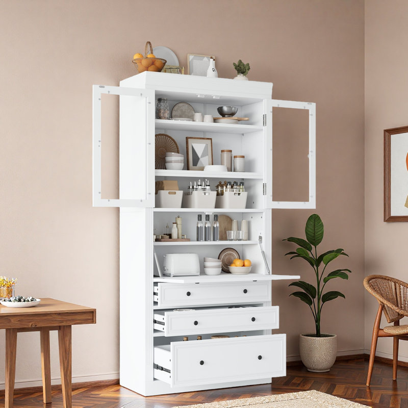 Freestanding Kitchen Pantry With 3 Drawers, Adjustable Shelves And Power Outlet, White