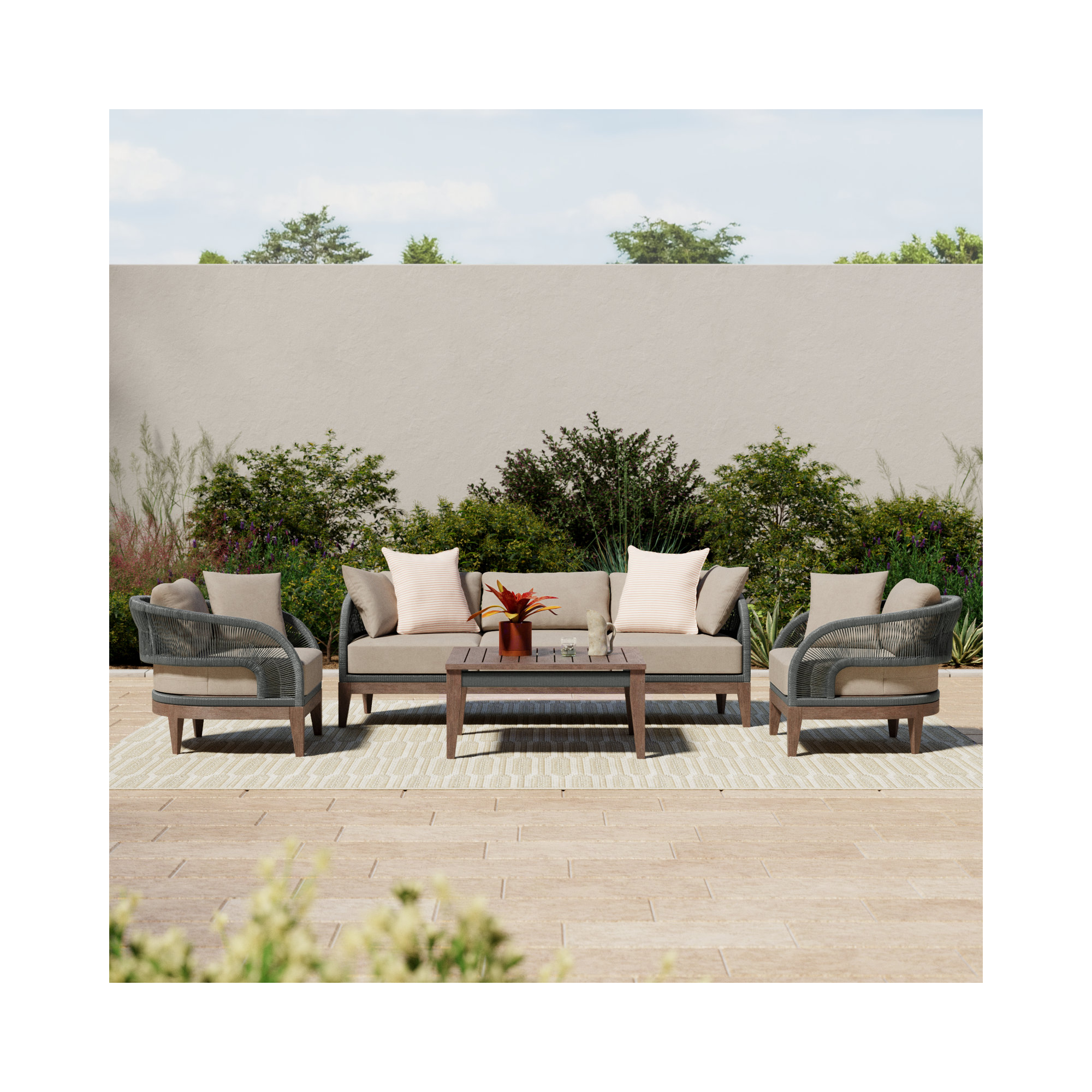 Hareton Patio 4 Piece Conversation Set in Eucalyptus Wood, Gray Rope, and Taupe Olefin Cushions