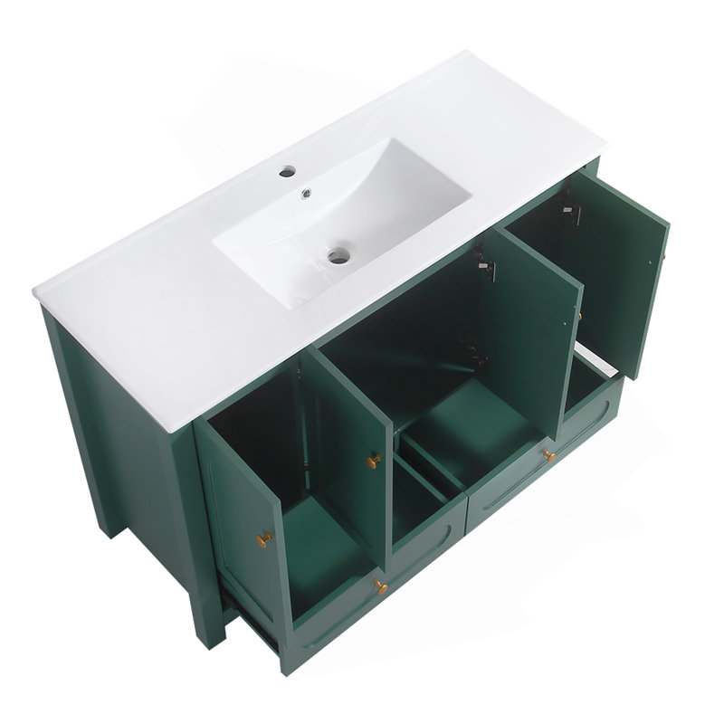 Ensemble de meuble-lavabo vert 48 po avec lavabo en céramique, armoire de rangement abondante, 4 portes à fermeture en douceur et 2 tiroirs