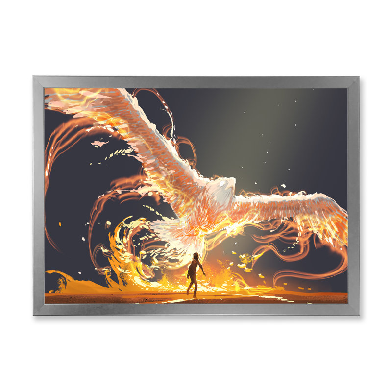 Jeu vidéo Phoenix Bird Flying - peinture sur toile, Cadre de coin argenté fermé, H 12 po x l 20 po x P 1 po