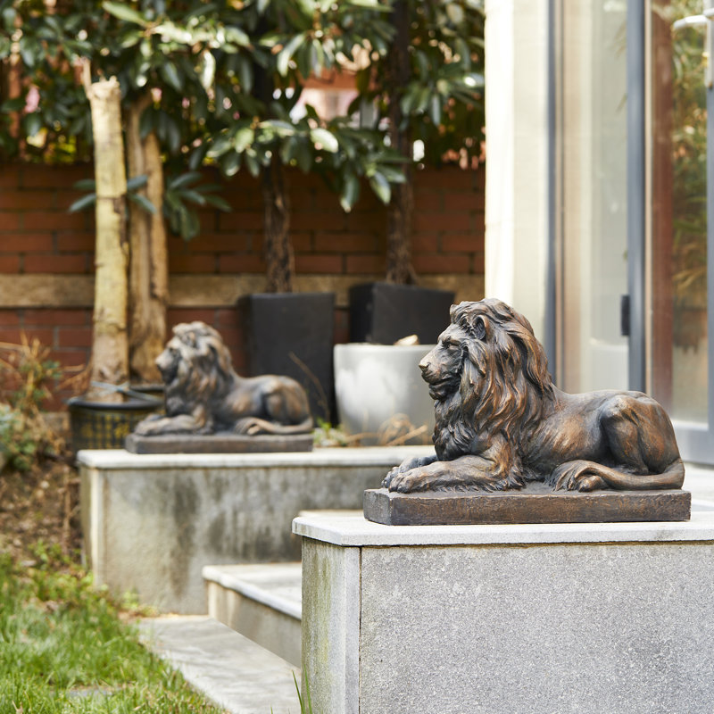2 pièces statue de jardin de lion allongé MGO 21,75 po, Bronze