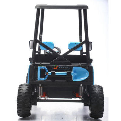 Chariot de golf pour enfants 24 V, 4 roues motrices 2 places avec voiture avec pare-soleil, coffre de rangement et télécommande, véhicule électrique avec lumières DEL, sons réalistes et connexion sans fil, cadeau pour les filles de 3 ans et plus (bleu)