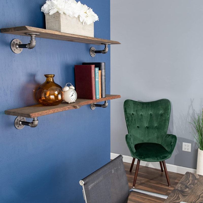 Live Edge Wood Shelf With Industrial Pipe Brackets - Handcrafted Floating Shelf For Wall - Unique Grain Patterns & Steel Brackets - Sturdy & Stylish Home Decor (2-Pack)