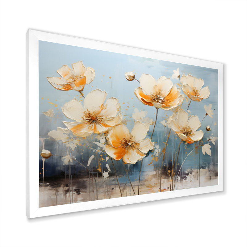 «Teal Buttercups Romantic Impression», reproduction sur toile, Cadre photo blanc, H 16 po x l 32 po x P 1 po