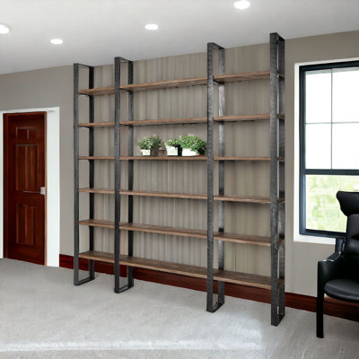 Eccles 90" Distressed Metal and Solid Wood Six Tier Bookcase