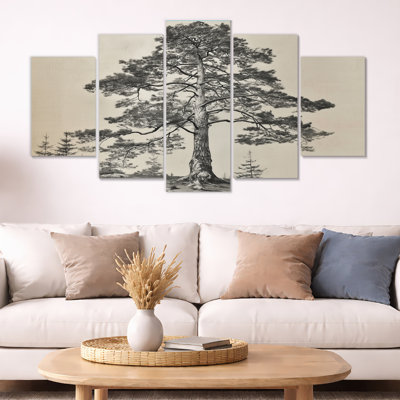 Vintage Tall Pine Forest Tree - Pine Wall Art, Black Canvas Print 5 Panel