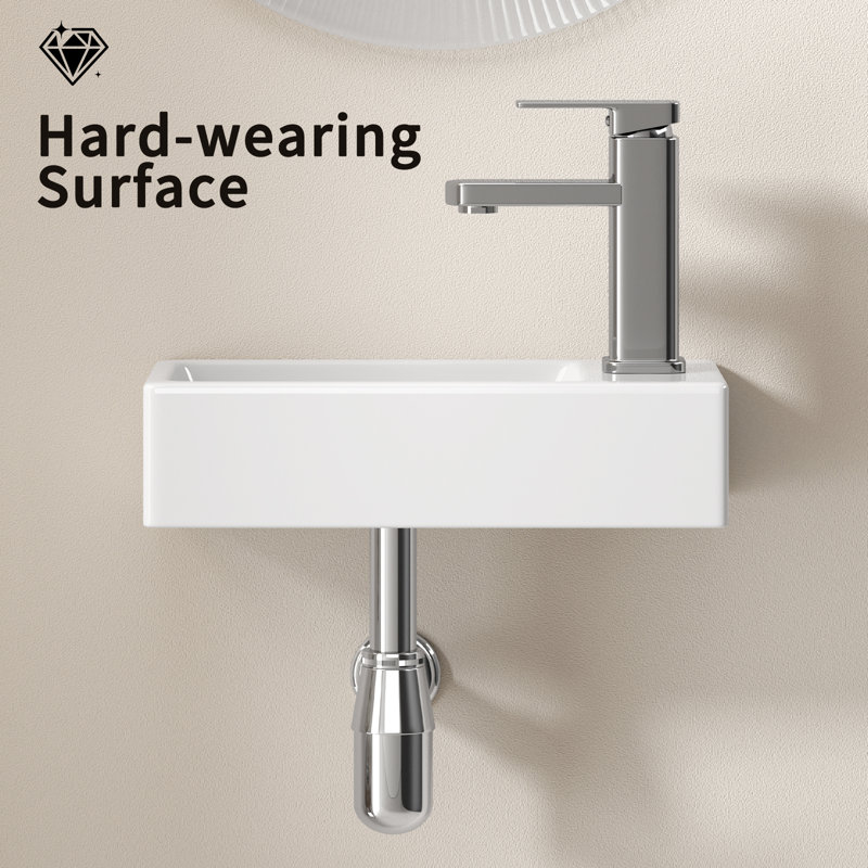 Wall-Mounted Ceramic Bathroom Sink 14.57" X 7.09" X 3.54" - White Porcelain Vessel Basin With Silver Color Faucet & Drain, Space-Saving Design For Small Bathroom, Powder Room(H8315-SET)