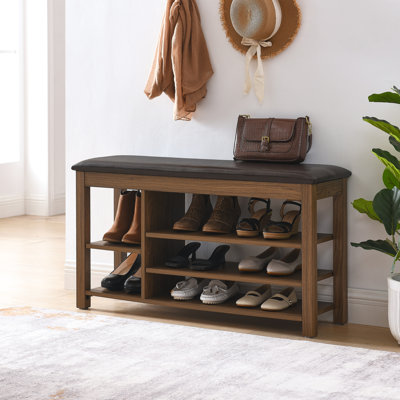 Banc à hauteur réglable avec grands compartiments de rangement, structure confortable en cuir et en bois brun à hauteur réglable, siège, bois d'hévéa et espace de preuve