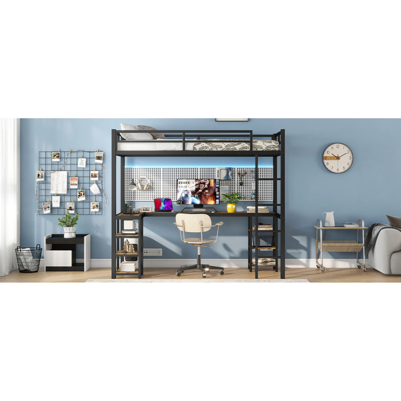 Lit mezzanine avec bureau pour lit simple TG - structure en métal robuste, finition noire et, Noir / brun, Twin XL