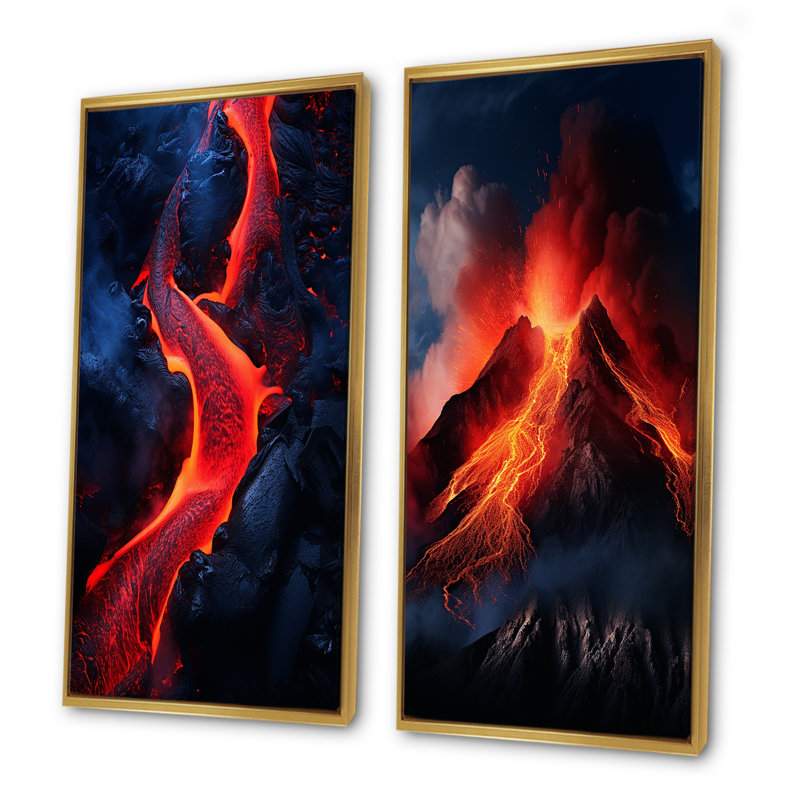 Volcano Volcanic Symphony - Ensemble de 2 décorations murales volcaniques, Cadre flottant doré, H 28 po x l 25 po