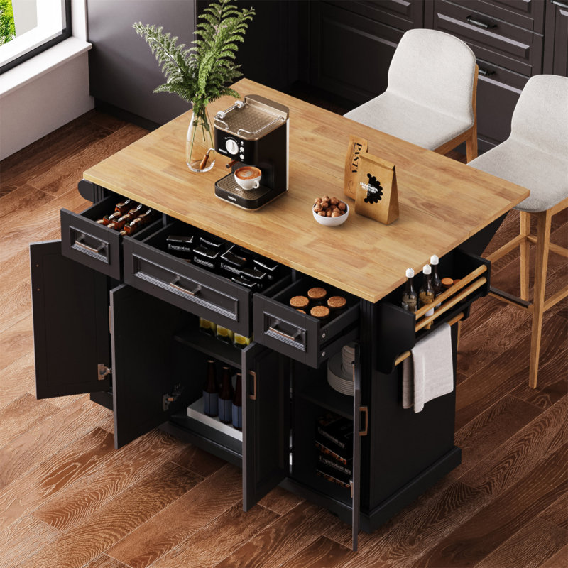 54Inch Large Kitchen Island With Rubber Wood Drop Leaf, Embossed Texture Rolling Kitchen Cart On 4 Wheels With 4 Doors And 3 Drawers, Kitchen Island With Storage For Kitchen, Dining Room