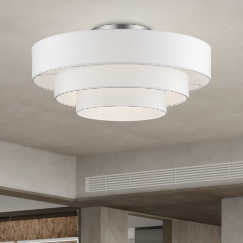 5 Light Bronze Extra Large Semi-Flush With Hand Crafted Off-White Color Fabric Hardback Shades, Brushed Nickel