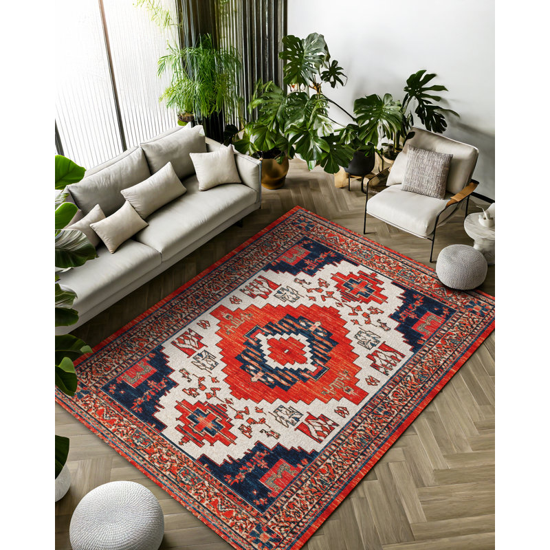 Otasna Collection Digital Print Cotton-Polyester Red Moroccan Rug, Runner 3'4" x 14'10"