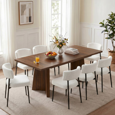 9-Piece Rectangular Dining Table Set, Extendable Dining Table With 8 Upholstered White Dining Chairs, Modern Minimalist Dinette Set For Kitchen Dining