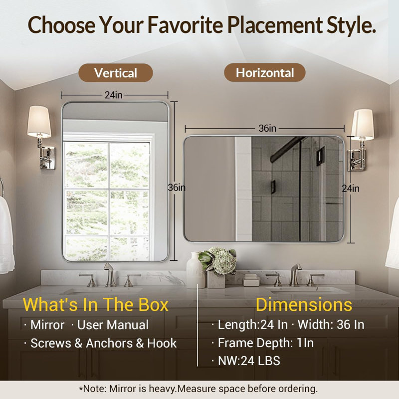 Modern Rounded Rectangular Bathroom Vanity Mirror | Stainless Steel U-Tube Frame, 36" x 24", Brushed Nickel