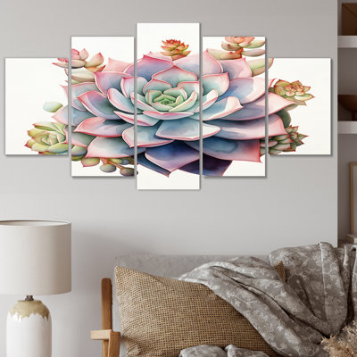 Blossoming Succulent Tender Retro - bleu et rose - décoration murale succulente - 5 panneaux
