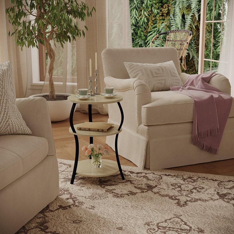 Table de bout ronde à 3 niveaux avec tablette de rangement - 15,75 x 24 po - Table de chevet rétro pour la chambre à coucher ou le salon - Chêne