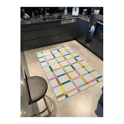 Beige Multi Color Geometric Square Frame Pattern Modern Decorative Machine Washable Area Rug