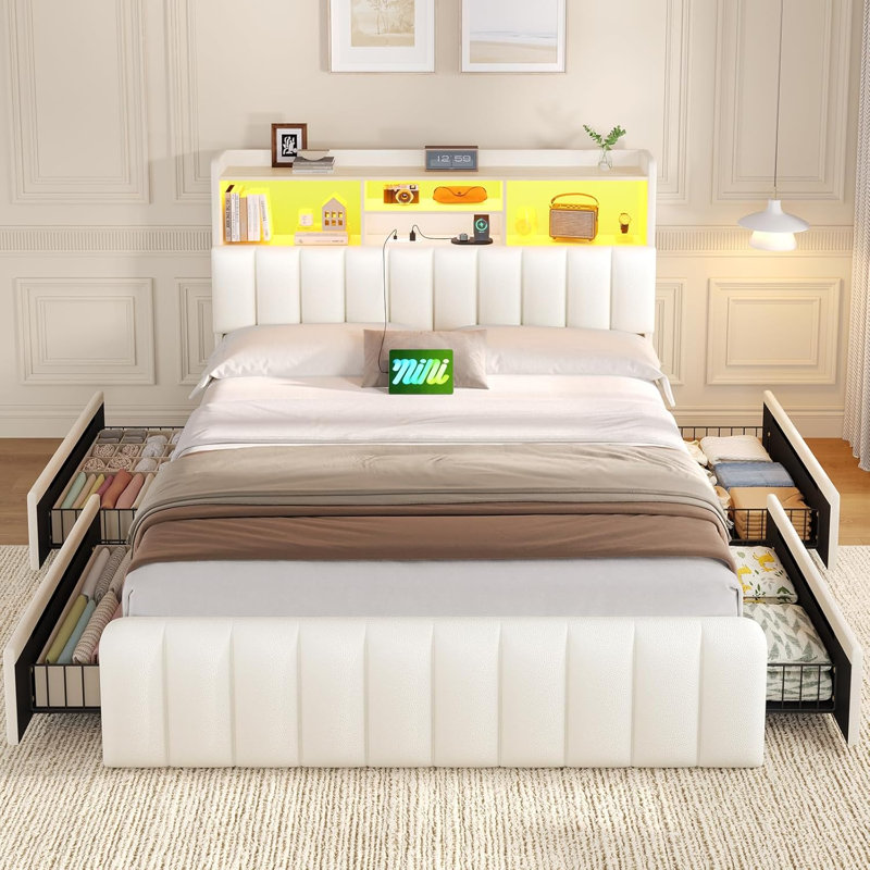 Cadre de lit Queen Size avec tête de lit bibliothèque, rangement dissimulé et 4 grands tiroirs, lampe DEL et station de recharge, sommier à lattes robustes, matelas sans ressorts requis, noir