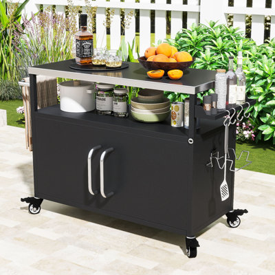 Outdoor Kitchen Island with Stainless Steel Tabletop, Grill Cart Table with Storage Cabinet and Rack