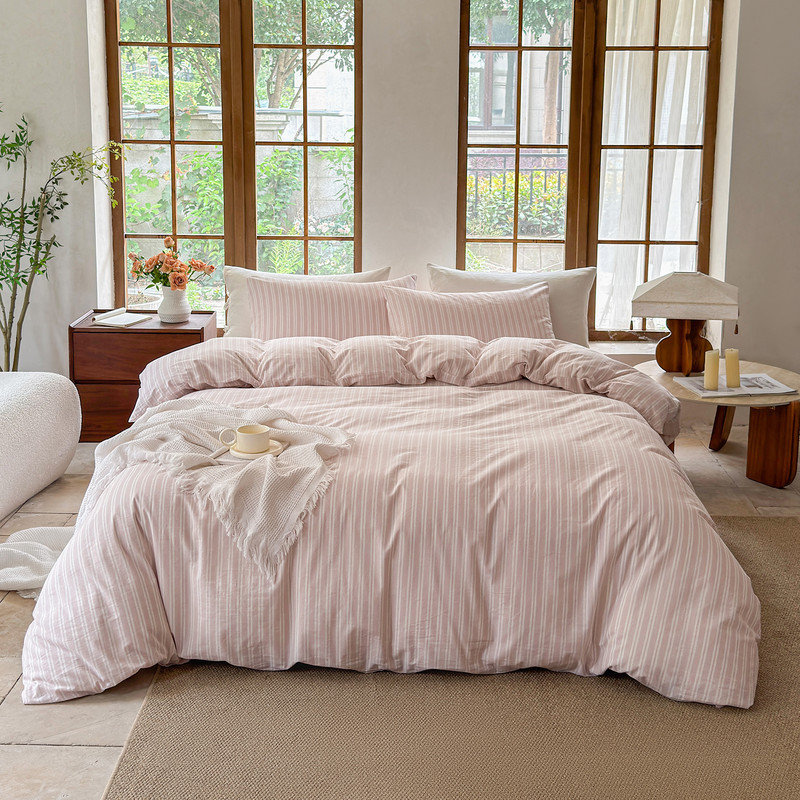 DONEUS Striped Duvet Cover Set 100% Washed Cotton Linen Like Soft Feelling Breathable Bedding, Grayish Pink/White