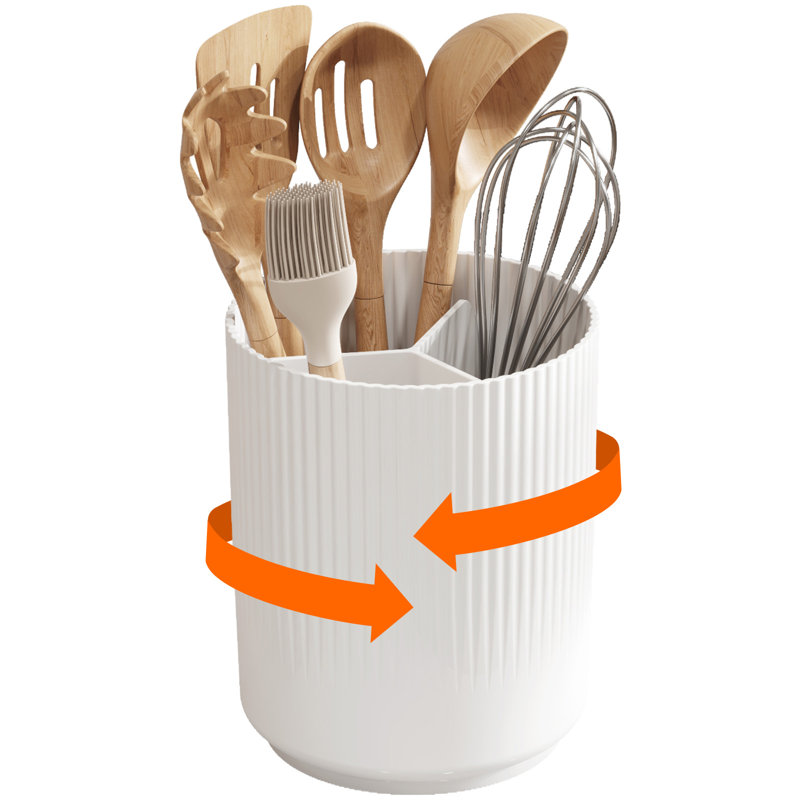 Porte-ustensiles pour comptoir de cuisine, porte-ustensiles de cuisine avec base tournante antidérapante, grand range-ustensiles pour couverts à cuillère en plastique à 3 compartiments avec égouttoir à sec, paquet de 1