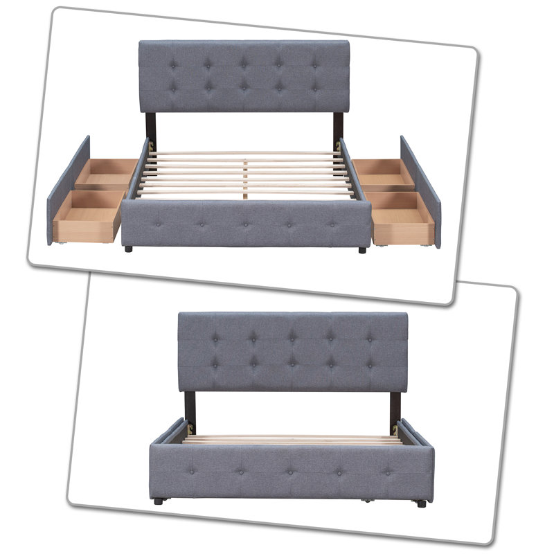 Lit plateforme tapissier avec tiroirs et tête de lit capitonnée Regnald, Gris foncé
