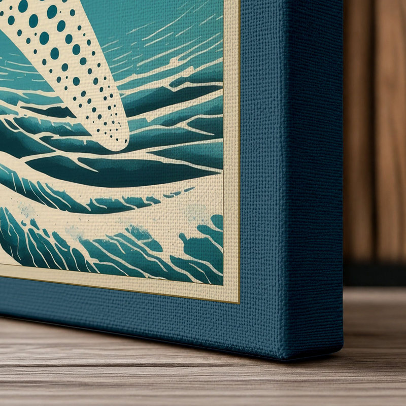 Starfish and Wave Japandi - Wrapped Canvas, 18x12 - 45.7 x 30.5 cm, Teal Border