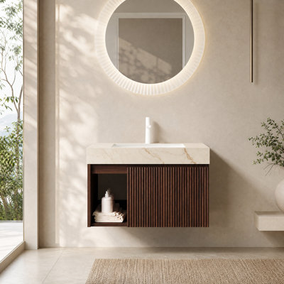 Meuble-lavabo suspendu de 76 cm avec comptoir en pierre frittée et lavabo en céramique